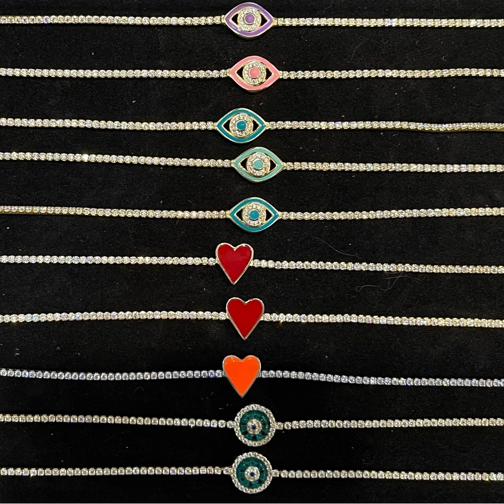 Pave Diamond Evil Eye and Heart Tennis Bracelets